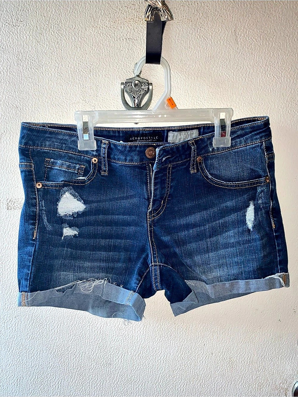 Aeropostale Distressed Denim Jean Midi Shorts in Blue